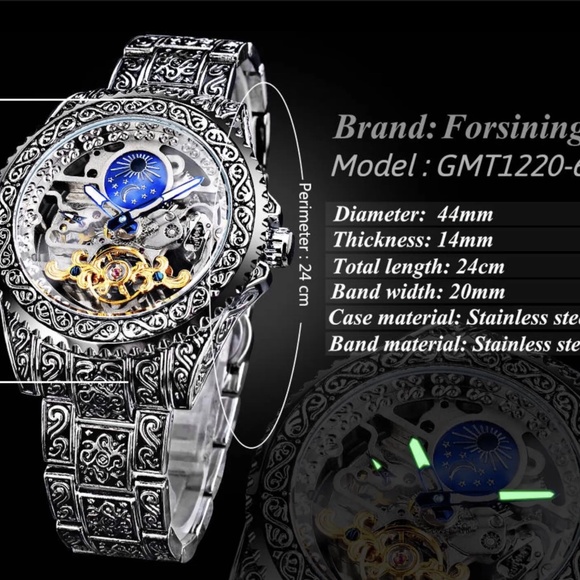 Forsining Skeleton Carved Tourbillon Mechanical Watches Moon Dial Mens Watch - Picture 9 of 11